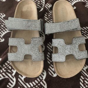 Steve Madden Silver Tan Sandals with Rhinestone Straps